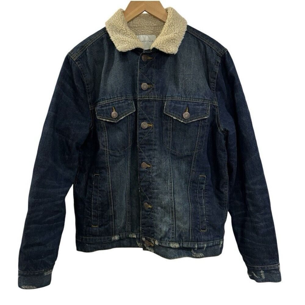 Men's Dark Blue Denim Jacket with Sherpa Collar